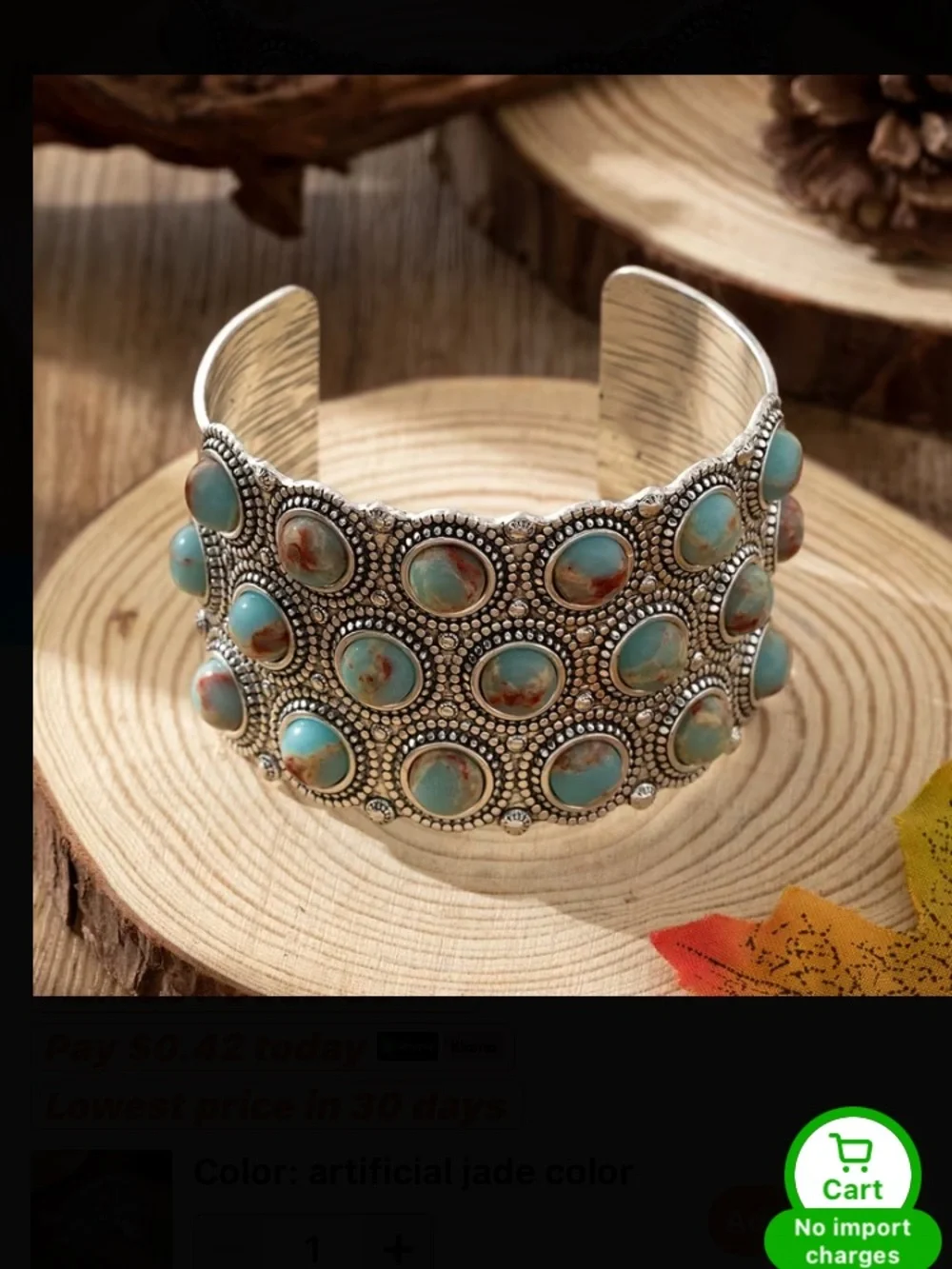 Turquoise Stone Silver-Tone Cuff Bracelet - Women Jewelry - Picture 4 of 5